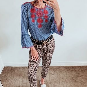 Gingham Bell Sleeve Peasant Top with red Macramé